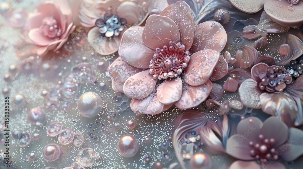 Poster Surreal floral design featuring pearllike buttons artistic display macro photography dreamy atmosphere abstract concept