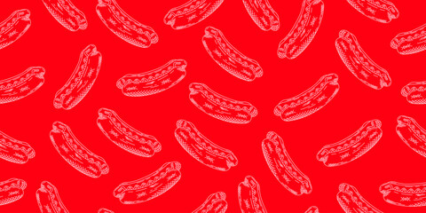 Hot dog seamless pattern. Hand drawn sketch style fast food illustration. Red background