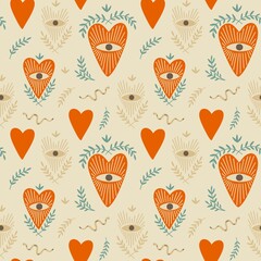 Bohemian retro heart love with third evil eye seamless pattern, Valentine` s day hand-drawn hearts and floral, 60s - 70s mid century modern colors, esoteric mystic symbols, beige background