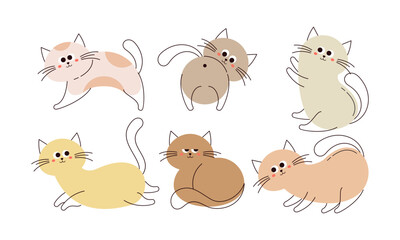 Cute Doodle Cats. Set of Doodle Cat, Funny Pet, Happy Kitten in Different Poses Hand Drawn Cartoon Isolated on White Background