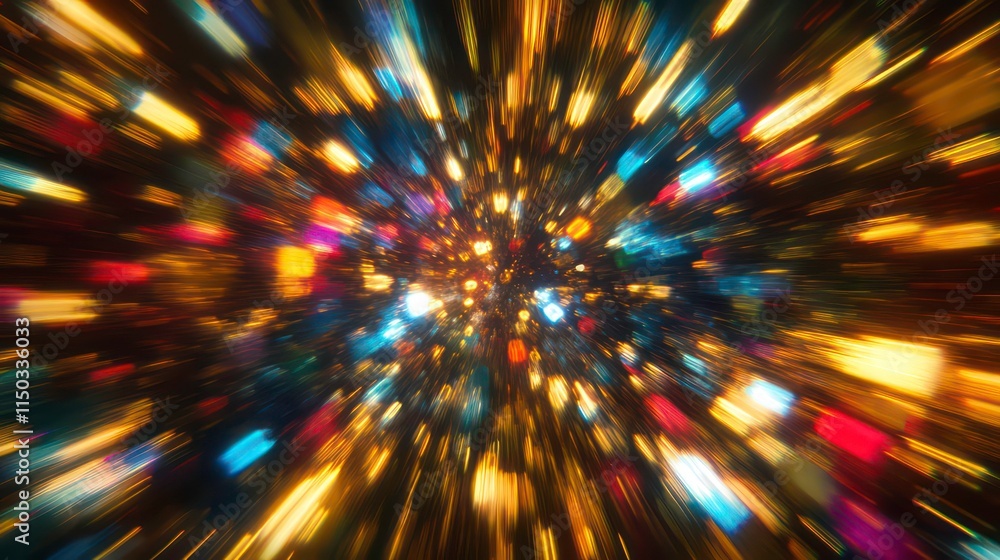 Poster abstract colorful light streaks radiating outwards, creating a dynamic and energetic visual effect.