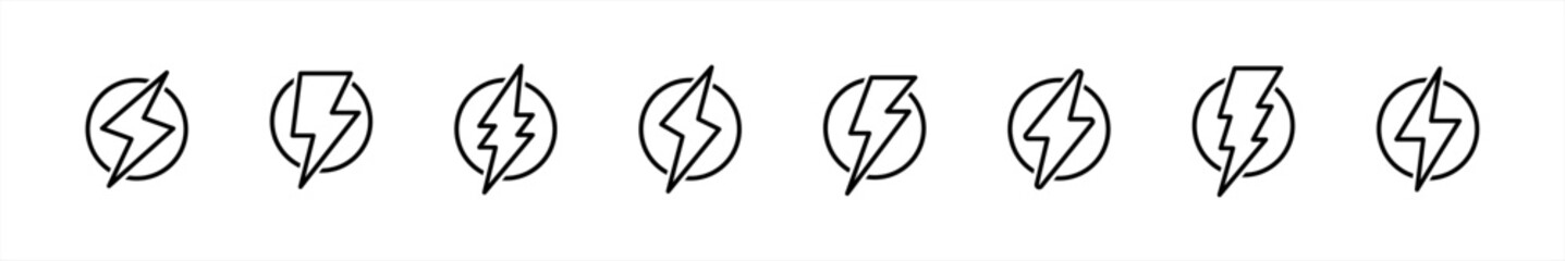 Thunderbolt icon. Lightning bolt in line style symbol. Flash electric signs. sparks, light, dynamic, energy, power, storm, flash, charge, black vector illustration.