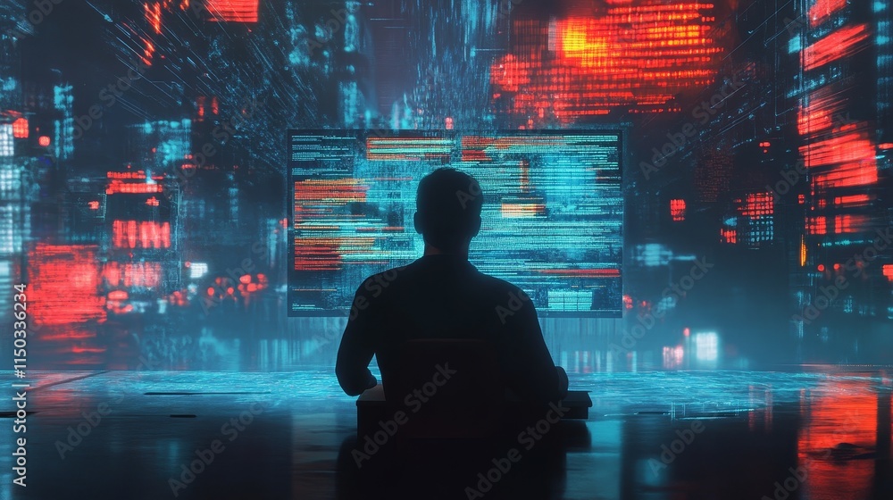 Poster digital world exploration from a high-tech workspace with vibrant visuals during nighttime