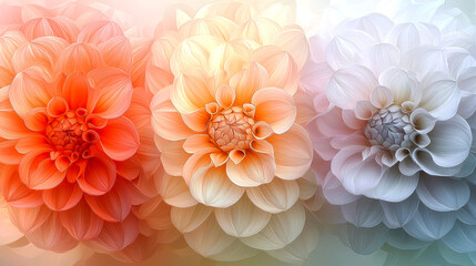 Obraz premium Three dahlias in orange, peach, and white.