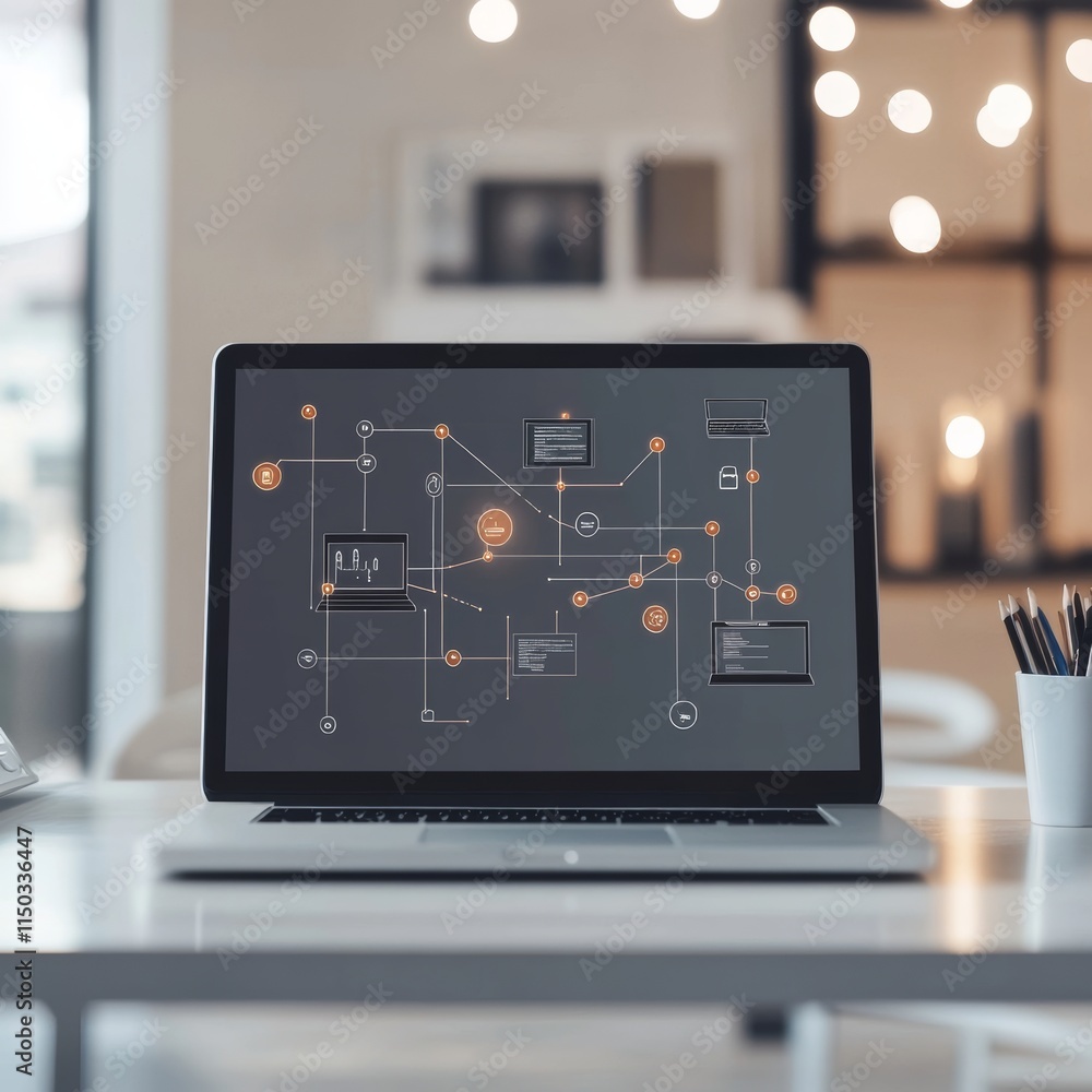 Poster modern laptop displaying digital data visualization while surrounded by a minimalist workspace with 