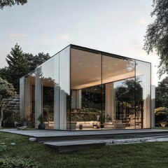 Obraz premium Modern Glass House With Outdoor Patio Surrounded by Lush Greenery During Golden Hour
