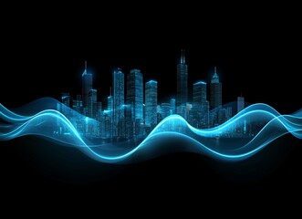 City Skyline Illuminated by Blue Light Waves, Showcasing Modern Architecture Against a Dark Background at Night