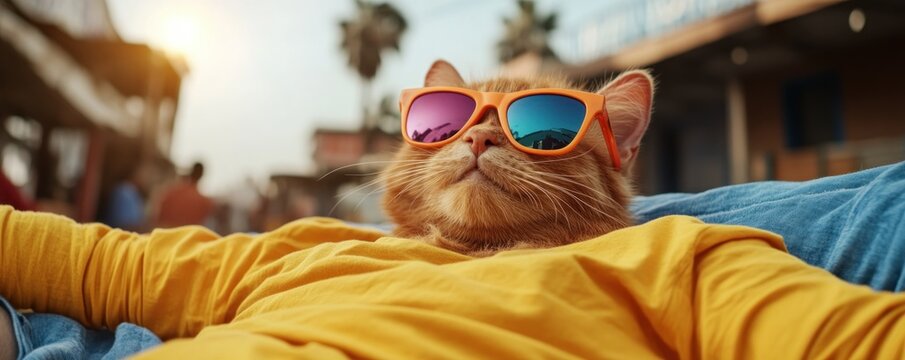 Experience a purrfect summer with this cool cat relaxing in colorful sunglasses, radiating cheerful summer energy This adorable ginger feline embodies ultimate relaxation, lounging comfortably with a