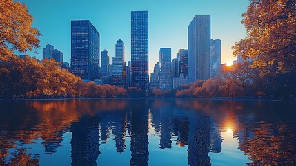 Obraz premium Autumnal Skyline Reflection Over Cityscape Water