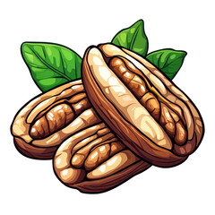 Fototapeta premium Three pecan halves with leaves.