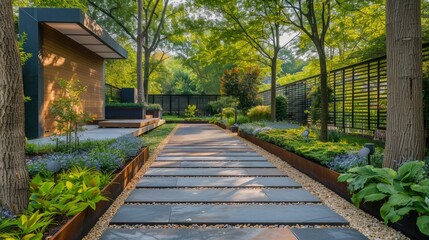 Outdoor minimalist garden with sleek, geometric pathways