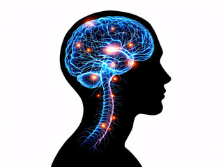 Silhouette of a human head with an illuminated brain and neural network, depicting cognitive activity.