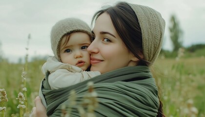 Fototapeta premium Mother And Baby Embrace Nature Outdoors In Gentle Mint Green Wrap Carrier, Promoting Green Parenting And Natural Motherhood During Postpartum Period.