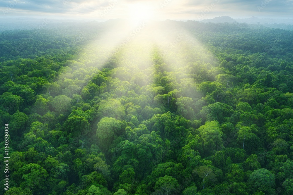 Poster explore the dense rainforest canopy, where the sun pierces through, creating ethereal light visualiz