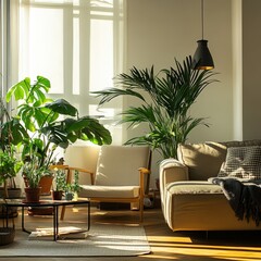 Bright and Airy Living Room Filled With Lush Indoor Plants and Natural Light, Featuring a Cozy Sofa and Stylish Decor