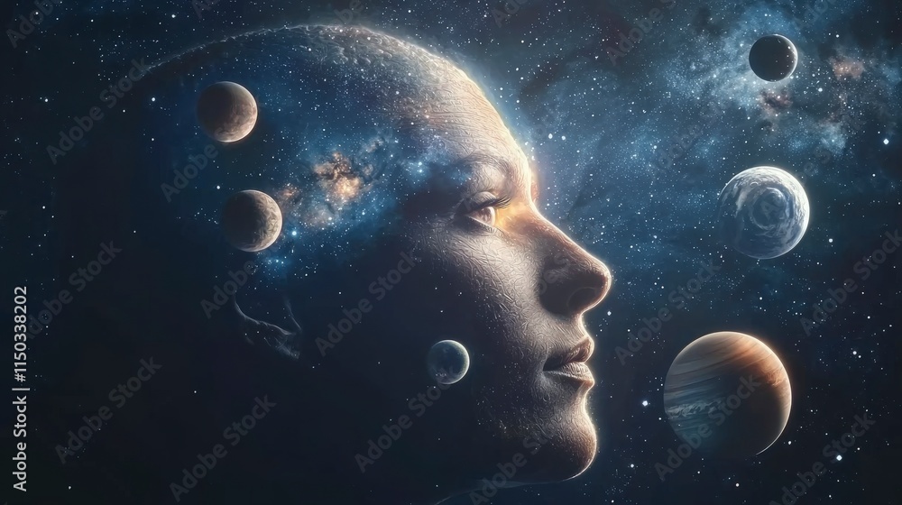 Poster cosmic portrait of a human face illuminated by stars space digital art celestial background side vie