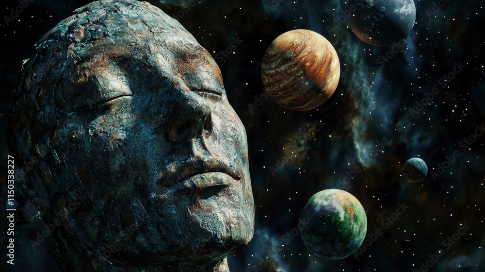 Aufkleber illuminated cosmic portrait of a human face celestial setting digital art space environment close-up