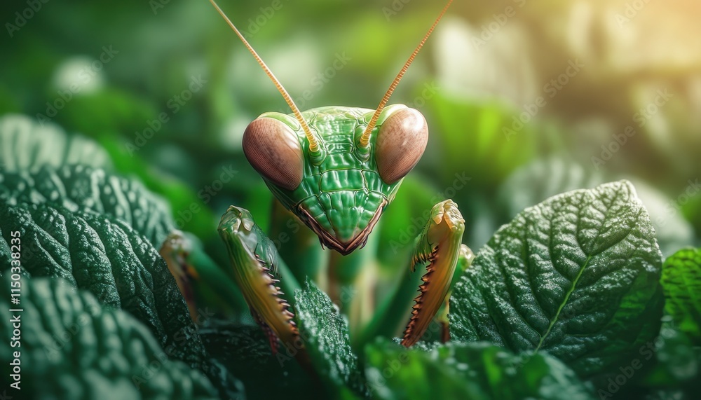 Poster explore the masterful camouflage of a mantis blending seamlessly into a leaf with intricate textures