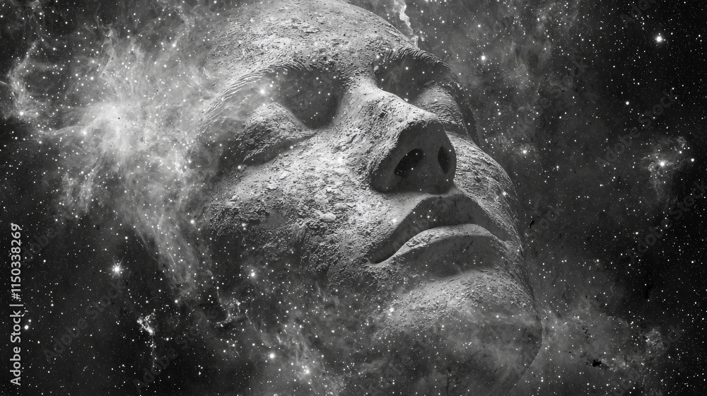 Aufkleber ethereal transformation a face merging into a starry sky cosmic nebula digital art mystical universe