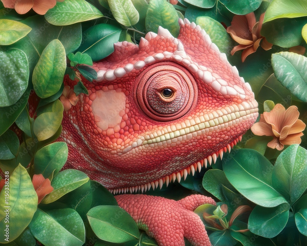 Poster explore the marvel of the chameleon and its intricate skin patterns blending seamlessly into a jungl