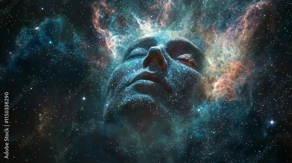Poster Transformative cosmic experience a person's face merging with a starry nebula digital art in a celestial environment