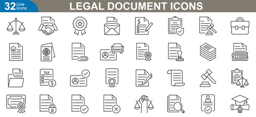 Legal document line icons set. Contract, agreement, law, signature, notary, legal brief, court, compliance, terms conditions and more. vector illustration