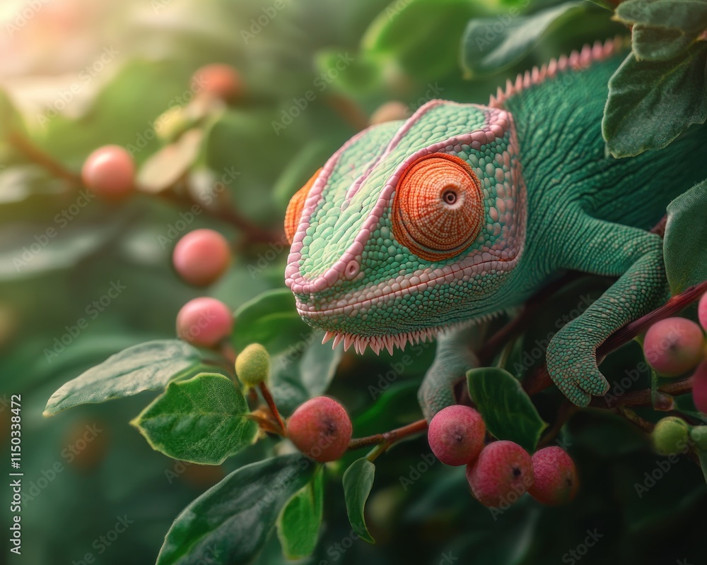 Poster explore the vibrant wonders of nature with this captivating image of a rainforest chameleon perched 