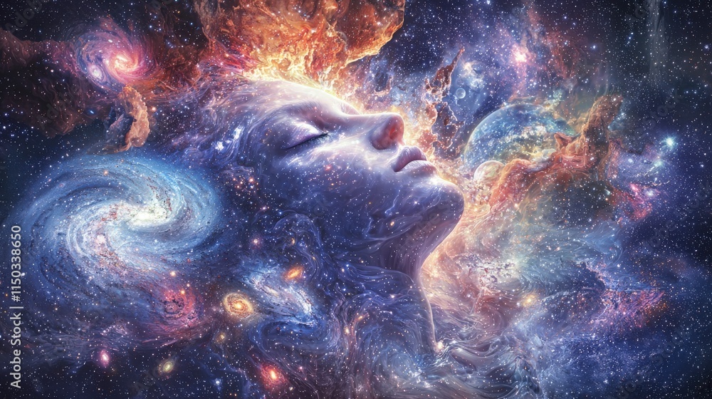 Poster surreal cosmic portrait of a human face merging with cosmic elements in a galactic environment dream