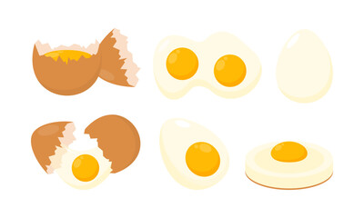 Set of Eggs Flat Illustration. Organic Farm Eggs in Different Forms. Cooked Eggs, Boiled, Fried, Raw and Pan Eggs Collection