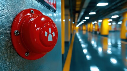 A red emergency button is mounted on a wall in a modern corridor, illuminated by bright lights reflecting off the shiny floor.