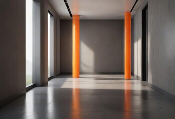 Fototapeta premium Glass walled hallway with orange pillar column , design, marble