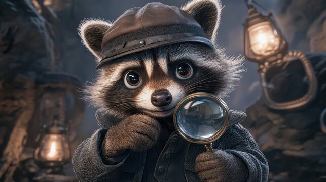 Get ready to solve a case with this funny raccoon This adorable detective is holding a magnifying glass and is dressed perfectly for a mystery-themed adventure This charming image captures a curious - Powered by Adobe