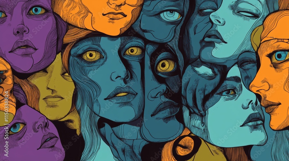 Poster colorful artwork featuring abstract faces in varied expressions and hues, showcasing unique artistic