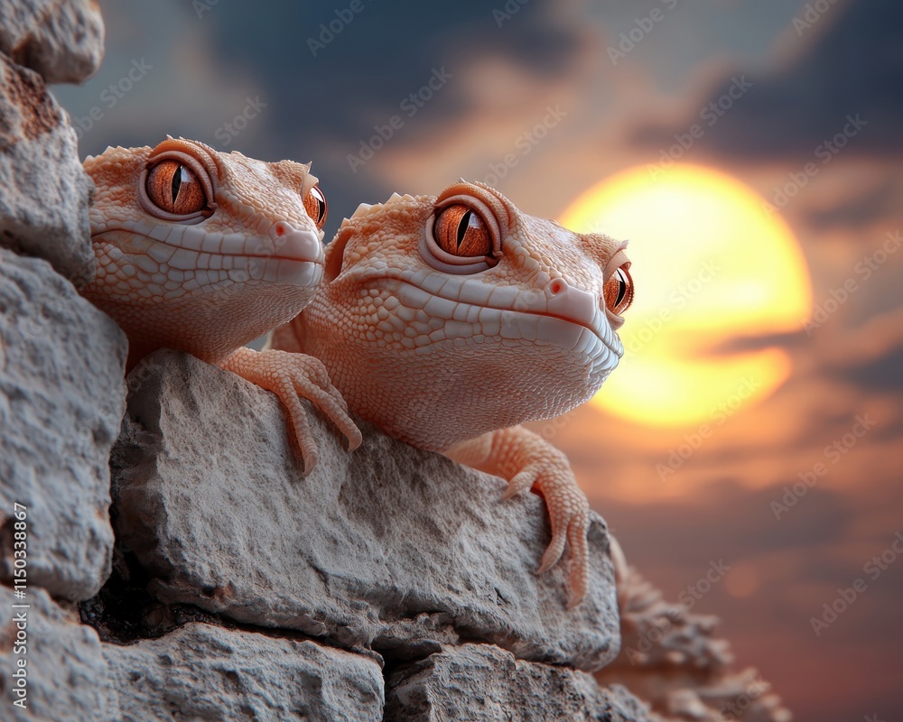 Poster observe geckos climbing on textured stone walls during twilight, representing nocturnal reptile acti
