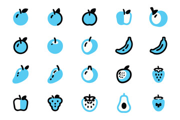 A collection of simple, stylized fruit icons in light blue with black outlines.
