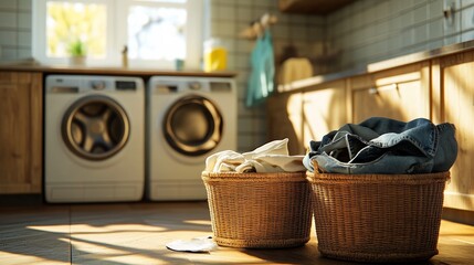 Fototapeta premium Cozy laundry room with baskets and washing machines.