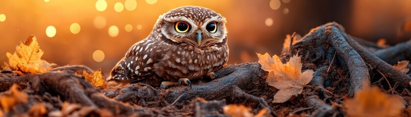 Obraz premium Observe the marvel of nature with this exquisite image featuring a camouflaged owl hiding among tree roots, it's subtle colors matching the environment perfectly, a stealth predator waiting in the