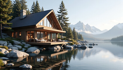 Obraz premium Lake House Serenity, Tranquil Wooden Home by Rocks