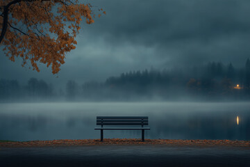 Obraz premium Bench by the lake, surrounded by misty fog and autumn leaves in dark blue tones. The distant forest is shrouded in darkness under soft lighting. Tranquil atmosphere, a serene mood