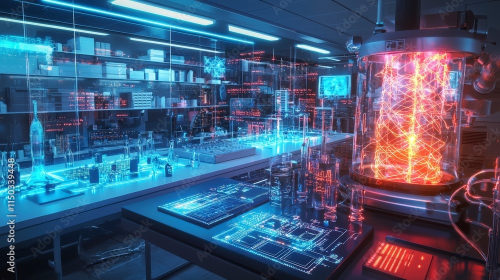 Poster Futuristic quantum computer lab advanced technology facility digital art high-tech environment scientific innovation