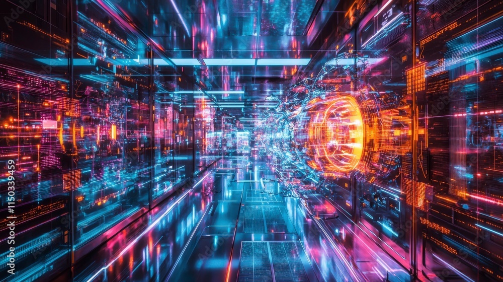 Leinwandbilder Futuristic quantum computer displaying dynamic light patterns high-tech lab digital art sci-fi environment interior viewpoint