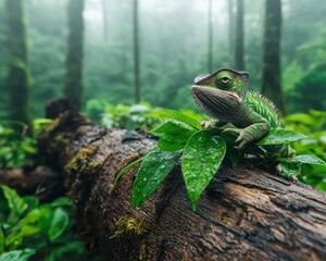 Obraz premium Witness the captivating agility of a Chameleon mid-stride on a rainforest branch, a master of arboreal movement and survival This close-up showcases its remarkable adaptability and camouflage