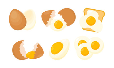 Set of Eggs Flat Illustration. Organic Farm Eggs in Different Forms. Cooked Eggs, Boiled, Fried, Raw and Pan Eggs Collection