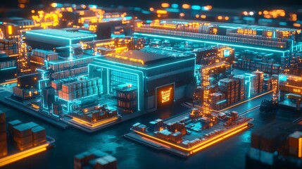 Naklejka premium Futuristic ecommerce hub design digital warehouse animation high-tech environment aerial view innovative concepts