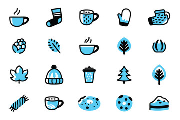 A set of 16 simple, cartoon-style winter icons in a bright, cheerful blue and black color scheme.