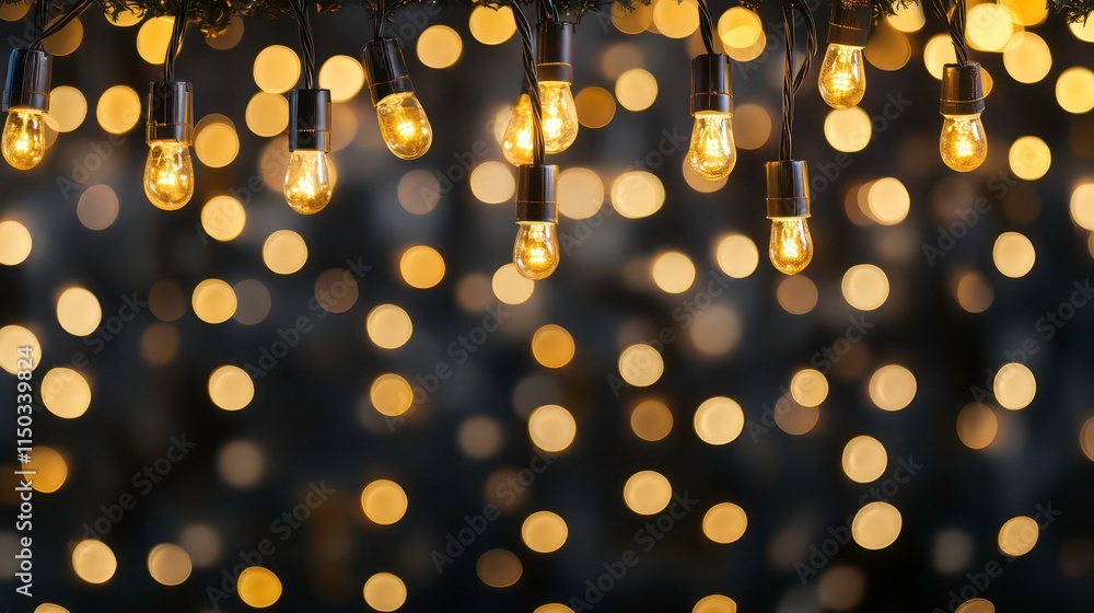 Poster festive string lights with warm yellow glow against a bokeh background.