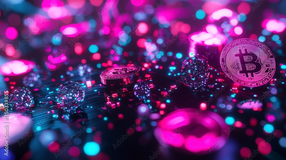 Poster Cryptocurrency visualization amidst colorful patterns digital space conceptual art vibrant environment abstract perspective
