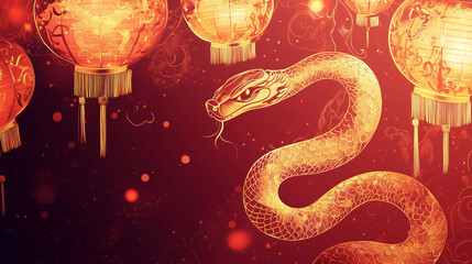 Abstract snake design in gold with a bold red background and glowing lanterns Chinese zodiac, year of the snake