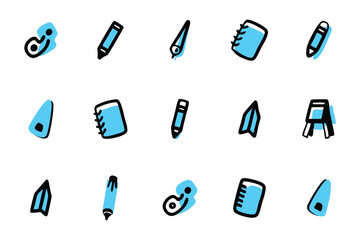 A collection of simple, cartoon-style icons representing various school supplies.