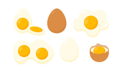 Set of Eggs Flat Illustration. Organic Farm Eggs in Different Forms. Cooked Eggs, Boiled, Fried, Raw and Pan Eggs Collection